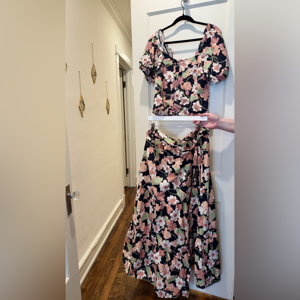 Floral Midi Wrap Skirt - Black with Pink & Green Floral